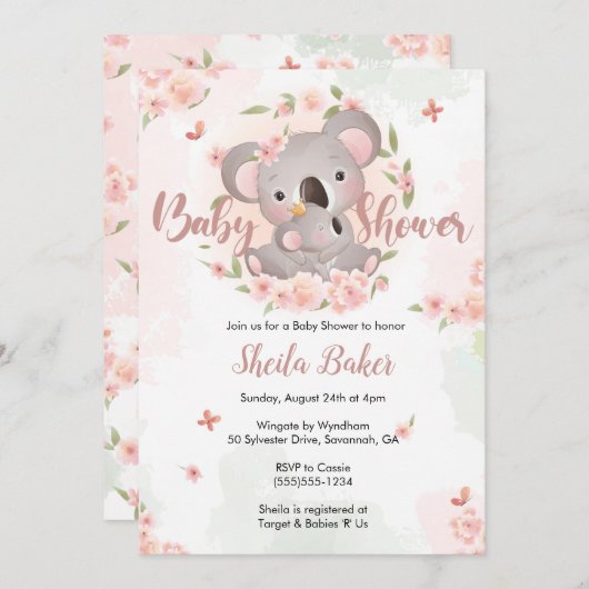 Invitation Koala, Invitation Baby shower Koala (Devant / Derrière)