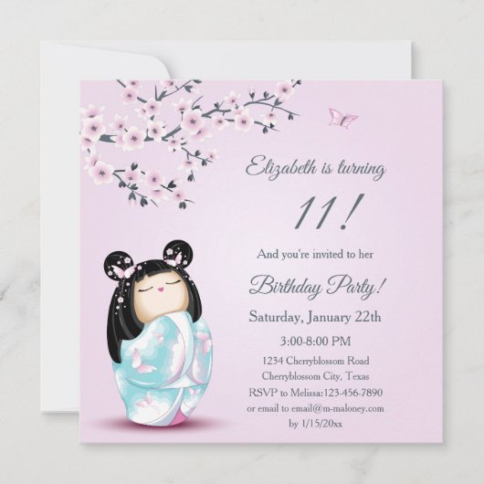 Invitation Kokeshi Doll Cherry Blossoms Fille Anniversaire (Devant)