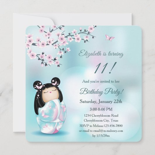 Invitation Kokeshi Doll Cherry Blossoms Fille Anniversaire (Devant)