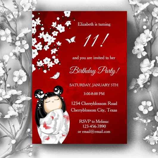 Invitation Kokeshi Doll Rouge Blanc | Anniversaire de la fill
