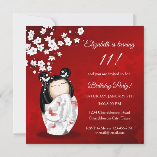 Invitation Kokeshi Doll Rouge Blanc | Anniversaire de la fill (Devant)