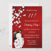 Invitation Kokeshi Doll Rouge Blanc | Anniversaire de la fill (Devant)