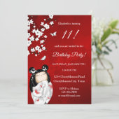 Invitation Kokeshi Doll Rouge Blanc | Anniversaire de la fill (Debout devant)