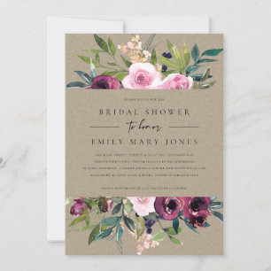 INVITATION KRAFT BLUSH BURGUNDY FLORAL BUNCH FÊTE DES MARIÉES