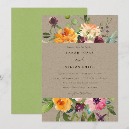 INVITATION KRAFT BLUSH JAUNE ORANGE MARIAGE FLORAL BUNCH (Devant / Derrière)