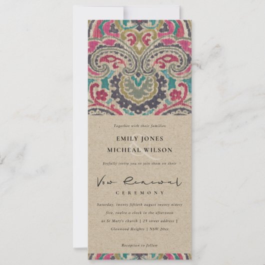 INVITATION KRAFT BOHO TRIBAL IKAT PINK VOW RENOUVELLEMENT INV (Devant)