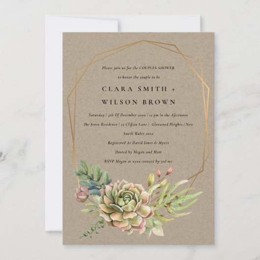 INVITATION KRAFT DESERT SUCCULENT CACTI FOLIAGE COUPLE DOUCHE (Devant)