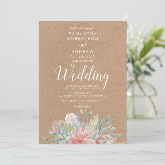 Invitation Kraft Dusty vert rose mariage d'aquarelle (Debout devant)