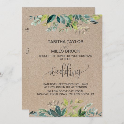 Invitation Kraft Foliage | Mariage d'emballage Monogram & Det (Devant / Derrière)