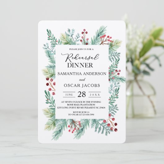 Invitation Kraft Hiver Feuilles Cadre vert (Debout devant)