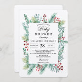 Invitation Kraft Hiver Feuilles Cadre vert (Devant / Derrière)