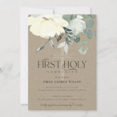 INVITATION KRAFT IVORY AQUA BLANC PREMIÈRE COMMUNION FLORALE (Devant)