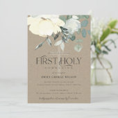 INVITATION KRAFT IVORY AQUA BLANC PREMIÈRE COMMUNION FLORALE (Debout devant)