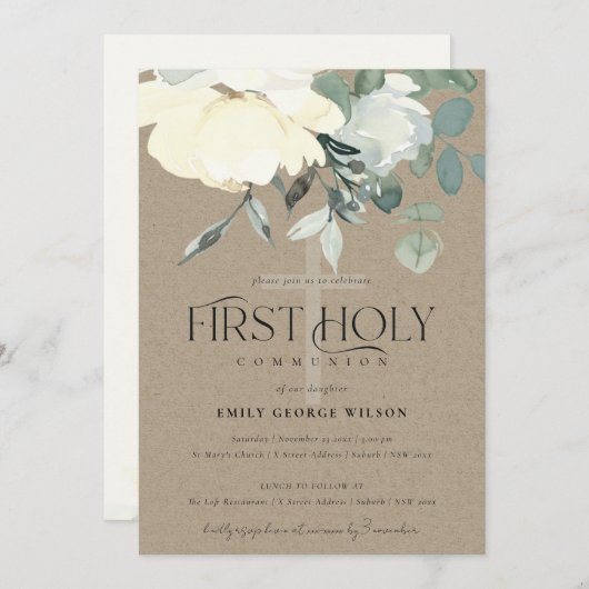 INVITATION KRAFT IVORY AQUA BLANC PREMIÈRE COMMUNION FLORALE (Devant / Derrière)