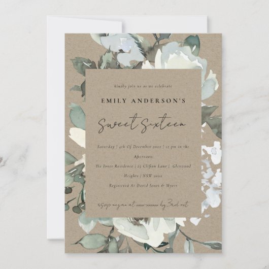 INVITATION KRAFT IVORY BUNCH FLORAL BLANC SWEET 16 ANNIVERSAI (Devant)