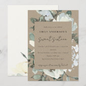 INVITATION KRAFT IVORY BUNCH FLORAL BLANC SWEET 16 ANNIVERSAI (Devant / Derrière)