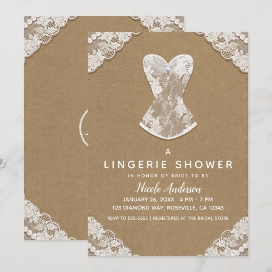 Invitation Kraft Lace & Perles Mariage Lingerie Fête des mari (Devant / Derrière)