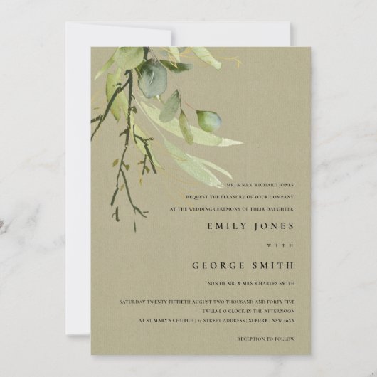 INVITATION KRAFT LEAFEN GREEN FOLIAGE BUNCH MARIAGE DE COULEU (Devant)