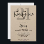 Invitation Kraft moderne Elégant 21e anniversaire<br><div class="desc">Une simple invitation moderne de 21e anniversaire avec une élégante typographie de script de calligraphie et un design minimaliste sur papier kraft.</div>