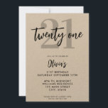 Invitation Kraft moderne Elégant 21e anniversaire<br><div class="desc">Une simple invitation moderne de 21e anniversaire avec une élégante typographie de script de calligraphie et un design minimaliste sur papier kraft.</div>