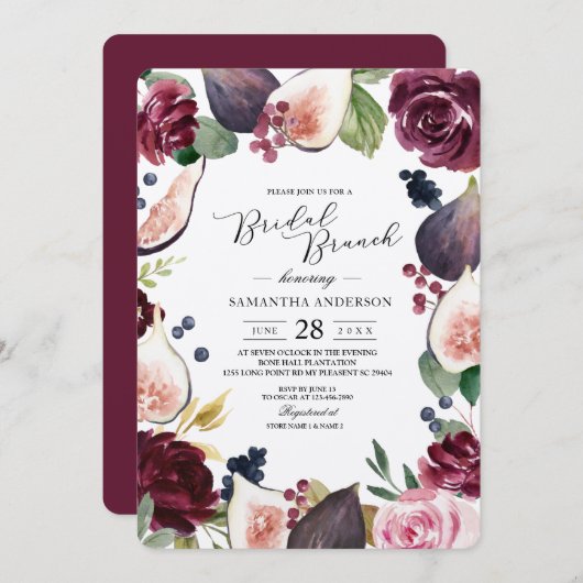 Invitation Kraft Moody & Rustic Burgundy Figs & Fleurs Cadre (Devant / Derrière)