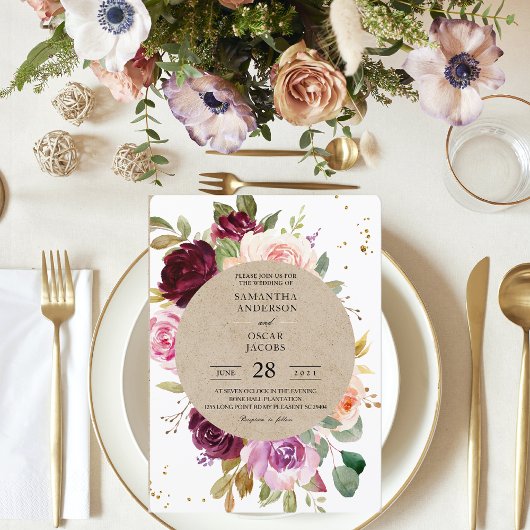 Invitation Kraft Moody & Rustique Bourgogne Cadre Floral & Or
