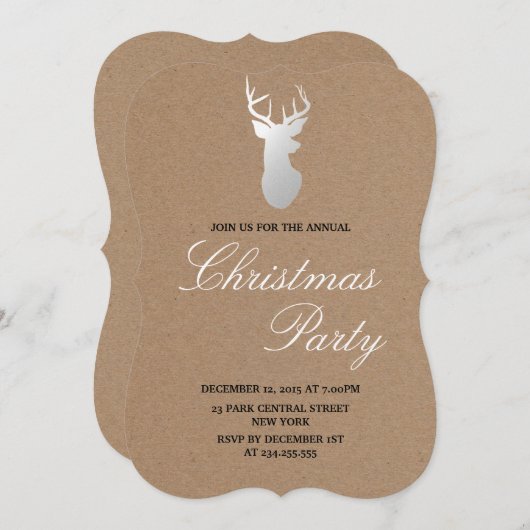 Invitation Kraft Papier Argent Antler Russe Noël Party (Devant / Derrière)