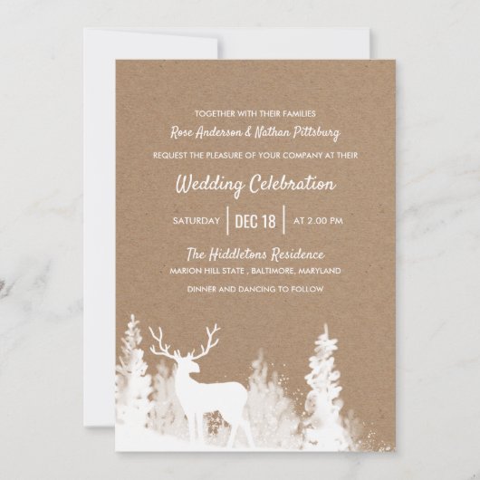 Invitation Kraft Papier Rustique Reindeer Mariage de Noël (Devant)
