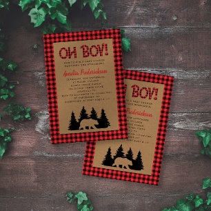 Invitation Kraft Plaid Oh Boy Baby shower rustique