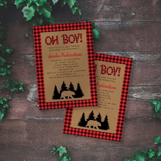 Invitation Kraft Plaid Oh Boy Baby shower rustique