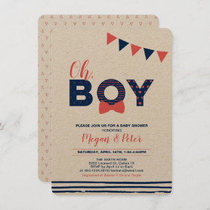 Invitation Kraft, rouge et marine   Baby shower moderne "Oh B