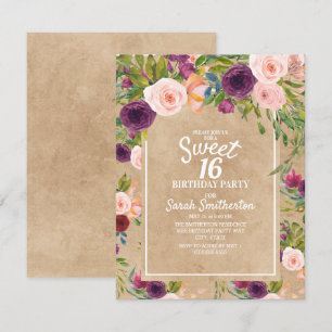 Invitation Kraft rustique boho prune blush floral Sweet 16