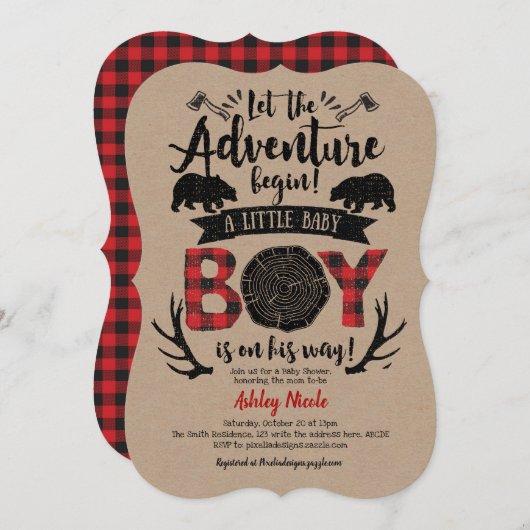 Invitation Kraft, Rustique, bûcheron, Plaid Buffalo, Bébé gar (Devant / Derrière)