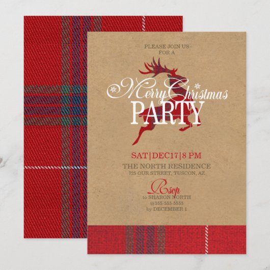 Invitation Kraft & Tartan Reindeer Christmas Party ID589 (Devant / Derrière)