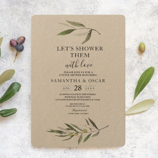 Invitation Kraft Watercolor Branche d'olive verte