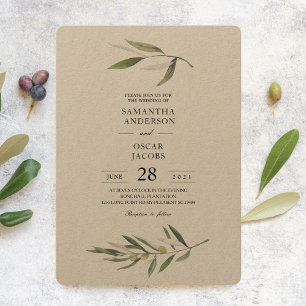 Invitation Kraft Watercolor Branche d'olive verte