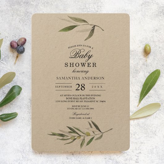 Invitation Kraft Watercolor Branche d'olive verte