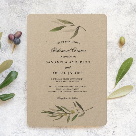 Invitation Kraft Watercolor Branche d'olive verte