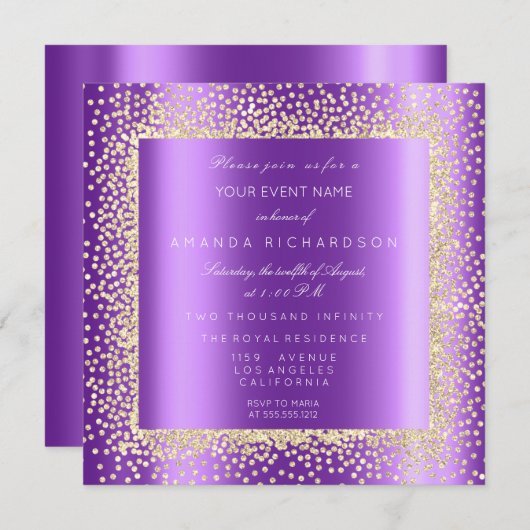 Invitation Krystal Champaigne Paillettes Confetti Violet (Devant / Derrière)