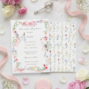Invitation La Baby Shower Rose & Ruban Héritage de la cigogne