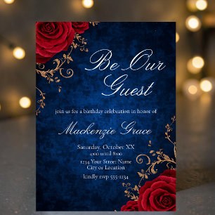 Invitation La Belle et la Bête Roses rouges et velours bleu