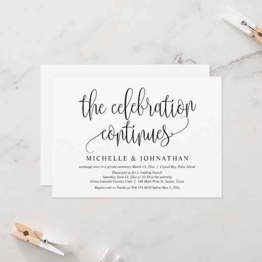 Invitation La Célébration Continue, Fête de Mariage Intime (Devant/Arrière en situation)
