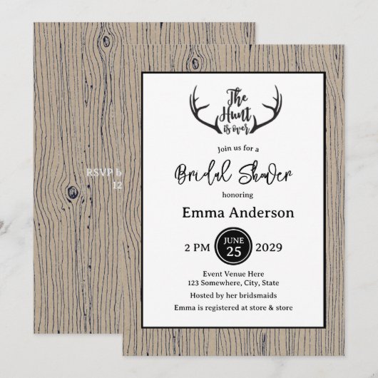 Invitation "La chasse est terminée" Rustic Antler Barnwood Ma (Devant / Derrière)