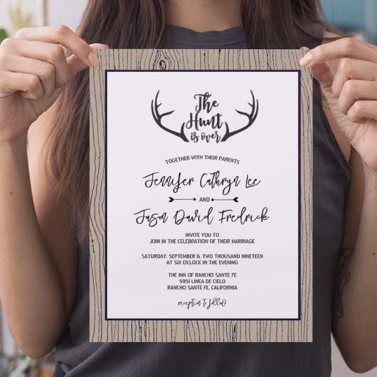 Invitation "La chasse est terminée" Rustic Antler Barnwood Ma