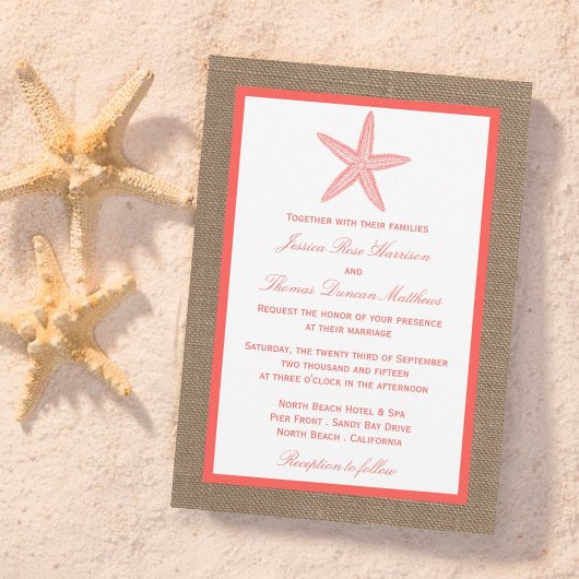 Invitation La collection de mariages de Coral Starfish Burlap