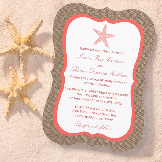 Invitation La collection de mariages de Coral Starfish Burlap
