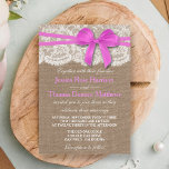 Invitation La collection de Mariages Rustic Pink Bow<br><div class="desc">La collection rustique de mariage arc rose est un design étonnant avec un joli arrière - plan rustique effet burlap avec un ensemble romantique vintage effet dentelle blanche et un superbe arc rose. Ces invitations peuvent être personnalisées pour votre occasion spéciale et feraient le faire-part parfait pour un mariage, douche...</div>