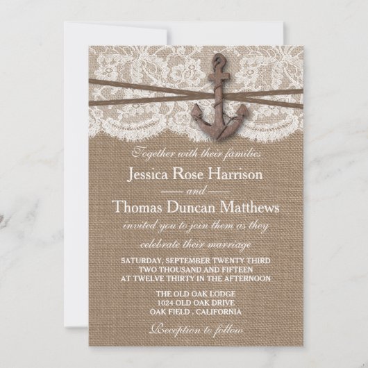Invitation La collection Rustique de Mariages d'Ancres nautiq (Devant)