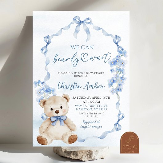 Invitation La coquette Bleu Bow peut attendre Baby shower