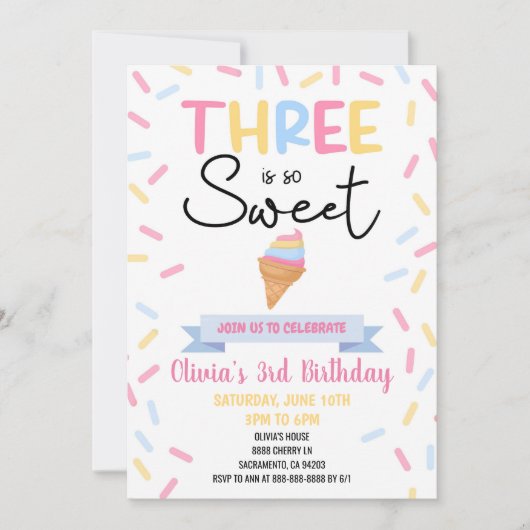 Invitation La crème glacée Trois est sucrée 3ème fête d'anniv (Devant)